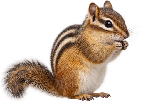 A chipmunk nibbling a snack beside its bundles of banknotes